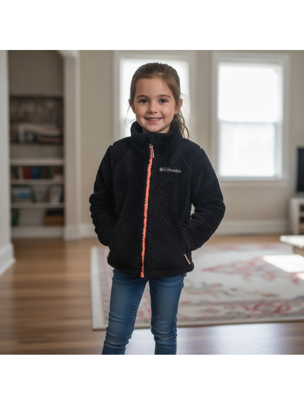 Columbia Black Fleece Jacket with Coral Zipper for Girls XS